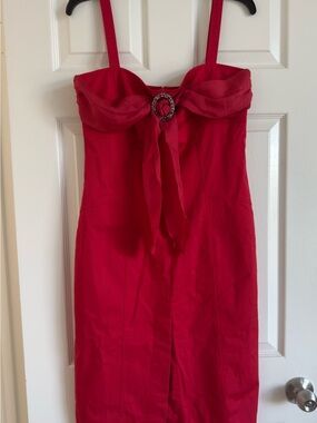 Strap Midi Dress in Vibrant Red with Decorative Buckle